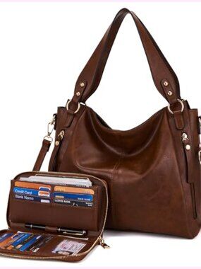 Faux Leather Hobo Handbag and Wallet Set with Detachable Shoulder Strap